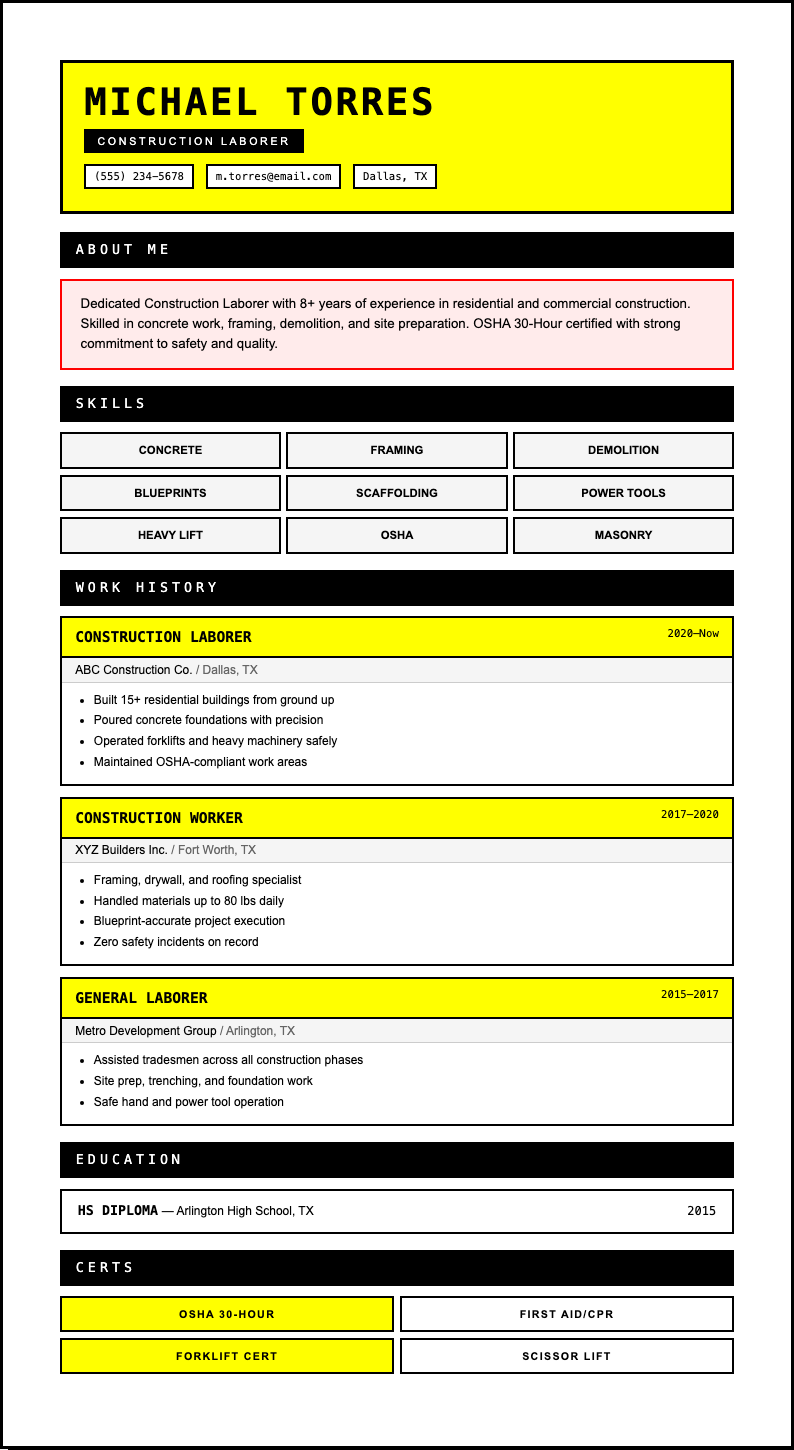 Neo brutalist construction laborer resume